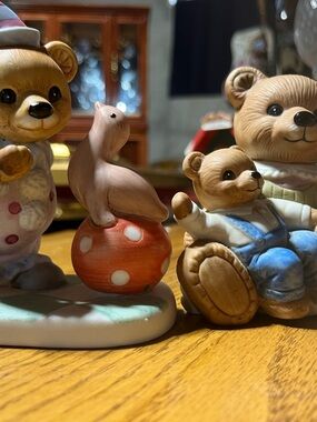 Homco Ceramic Bear Family Figurines with Blue and Red Accents